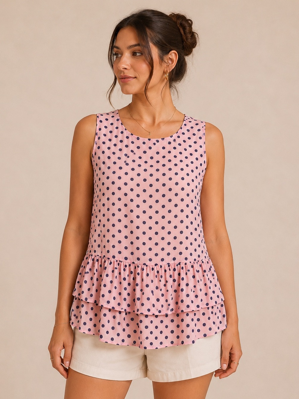 Marc Cain Pink Navy Polka Dot Sheer Peplum Sleeveless Blouse Tie Back Medium?